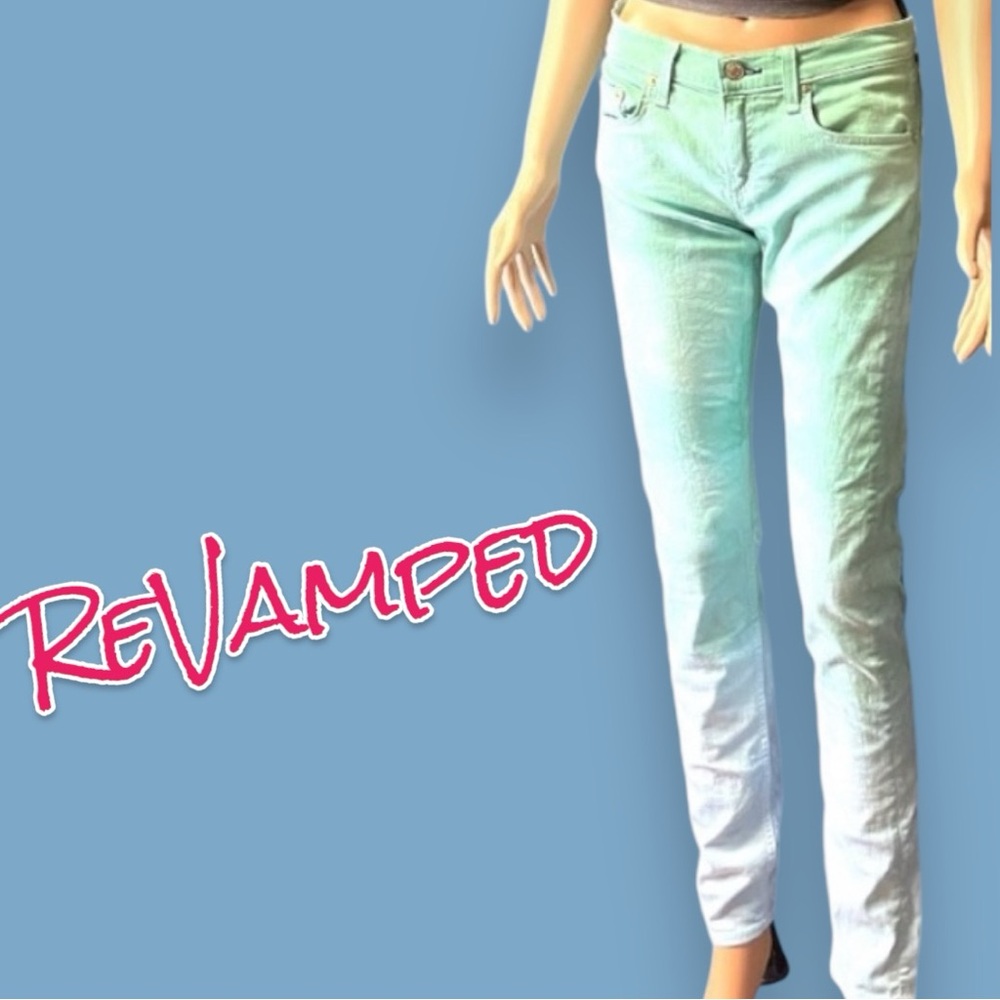 Originally White Slim Boyfriend Style Jeans Ombre Dip Dyed in Sage. Size 26 - Picture 3 of 11